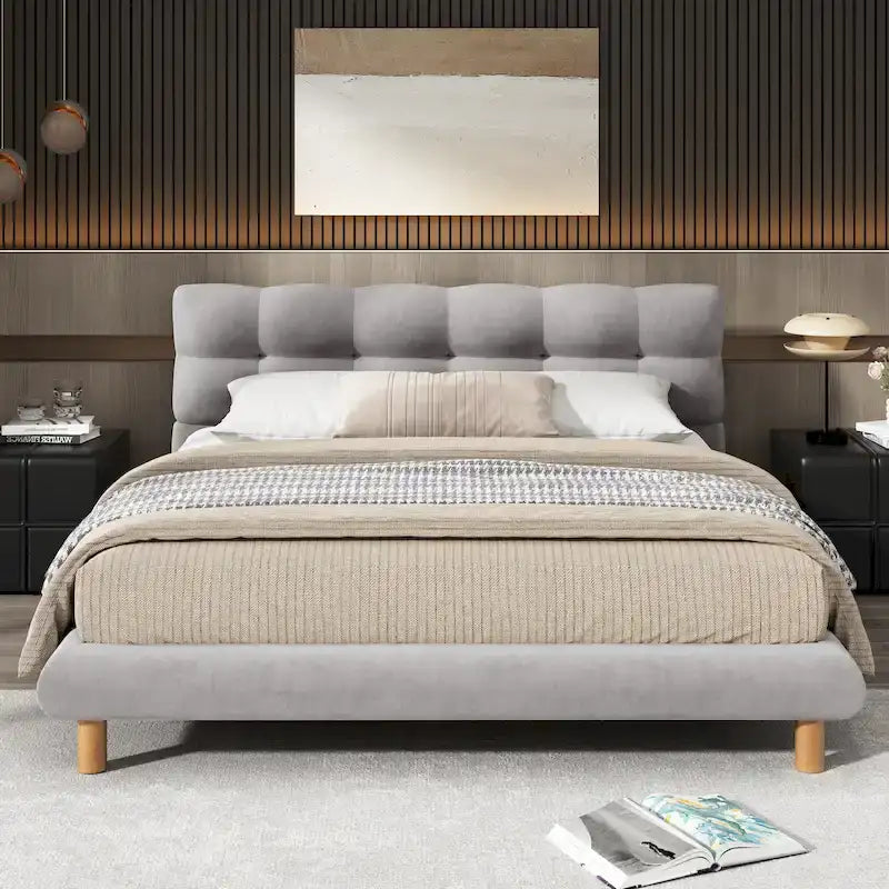 Lit plateforme tapissier Queen Size avec tête de lit en forme de biscuit