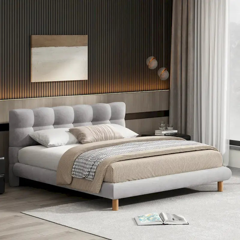 Lit plateforme tapissier Queen Size avec tête de lit en forme de biscuit