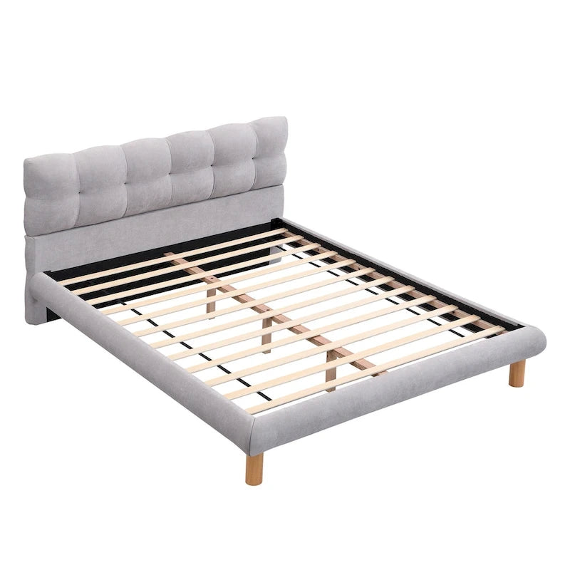 Lit plateforme tapissier Queen Size avec tête de lit en forme de biscuit