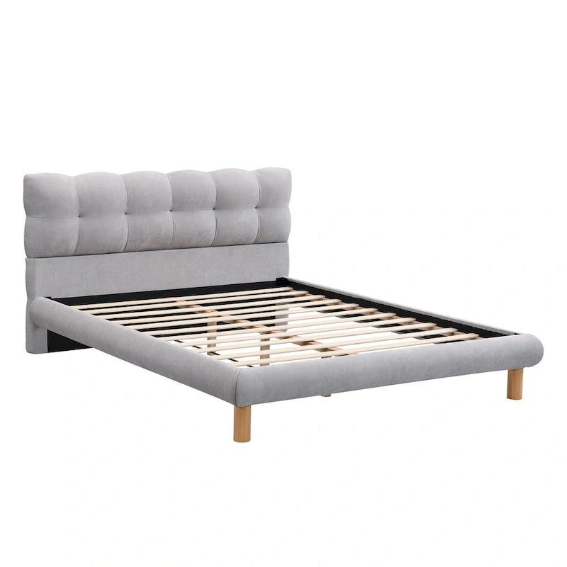 Lit plateforme tapissier Queen Size avec tête de lit en forme de biscuit