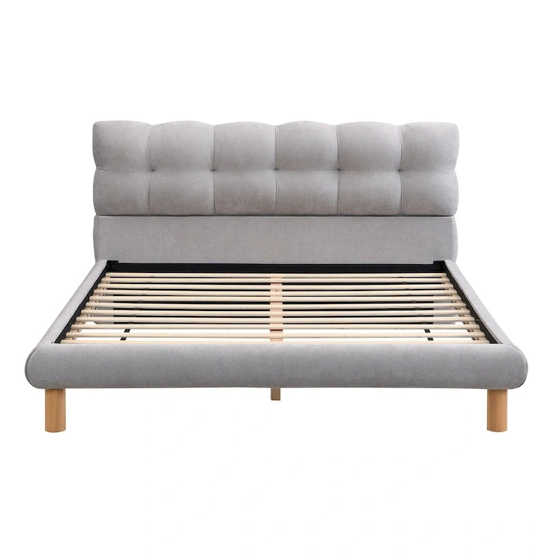 Lit plateforme tapissier Queen Size avec tête de lit en forme de biscuit