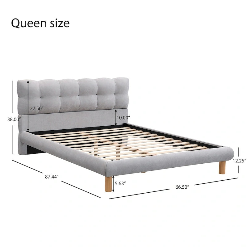 Lit plateforme tapissier Queen Size avec tête de lit en forme de biscuit