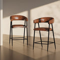 Tabourets de comptoir rembourrés en polyuréthane de 26 po, ensemble de 2 chaises hautes avec cadre en fer, dossier, repose-pieds et accoudoirs, marron