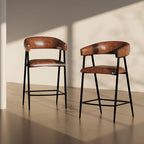 Tabourets de comptoir rembourrés en polyuréthane de 26 po, ensemble de 2 chaises hautes avec cadre en fer, dossier, repose-pieds et accoudoirs, marron
