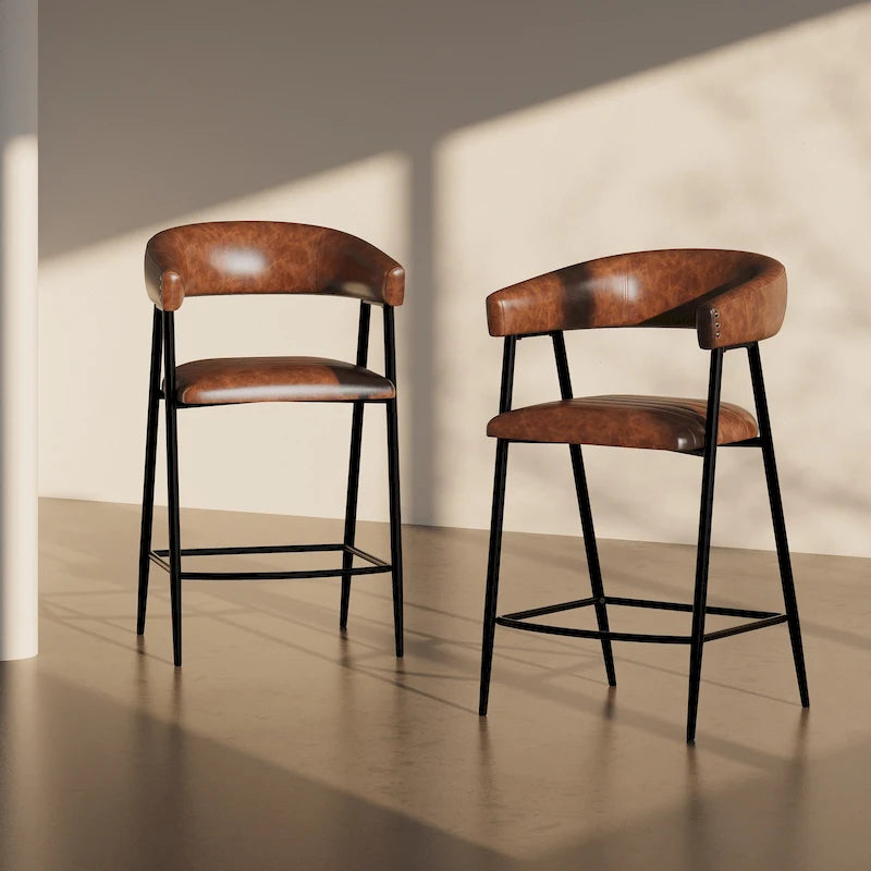 Tabourets de comptoir rembourrés en polyuréthane de 26 po, ensemble de 2 chaises hautes avec cadre en fer, dossier, repose-pieds et accoudoirs, marron