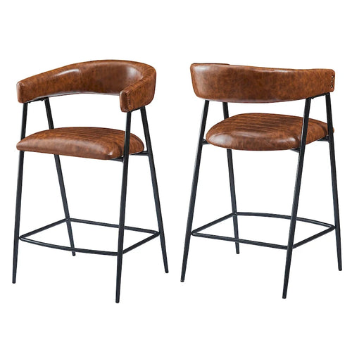 Tabourets de comptoir rembourrés en polyuréthane de 26 po, ensemble de 2 chaises hautes avec cadre en fer, dossier, repose-pieds et accoudoirs, marron