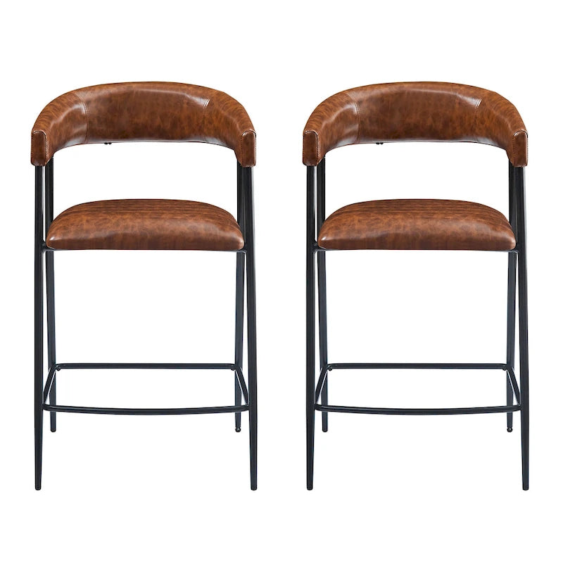 Tabourets de comptoir rembourrés en polyuréthane de 26 po, ensemble de 2 chaises hautes avec cadre en fer, dossier, repose-pieds et accoudoirs, marron