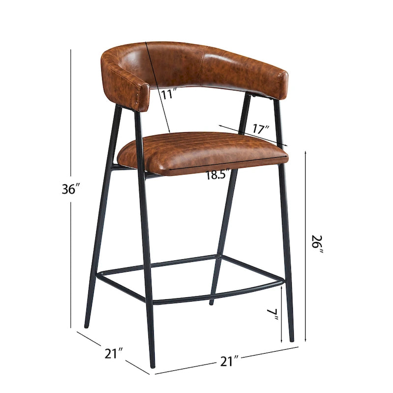 Tabourets de comptoir rembourrés en polyuréthane de 26 po, ensemble de 2 chaises hautes avec cadre en fer, dossier, repose-pieds et accoudoirs, marron