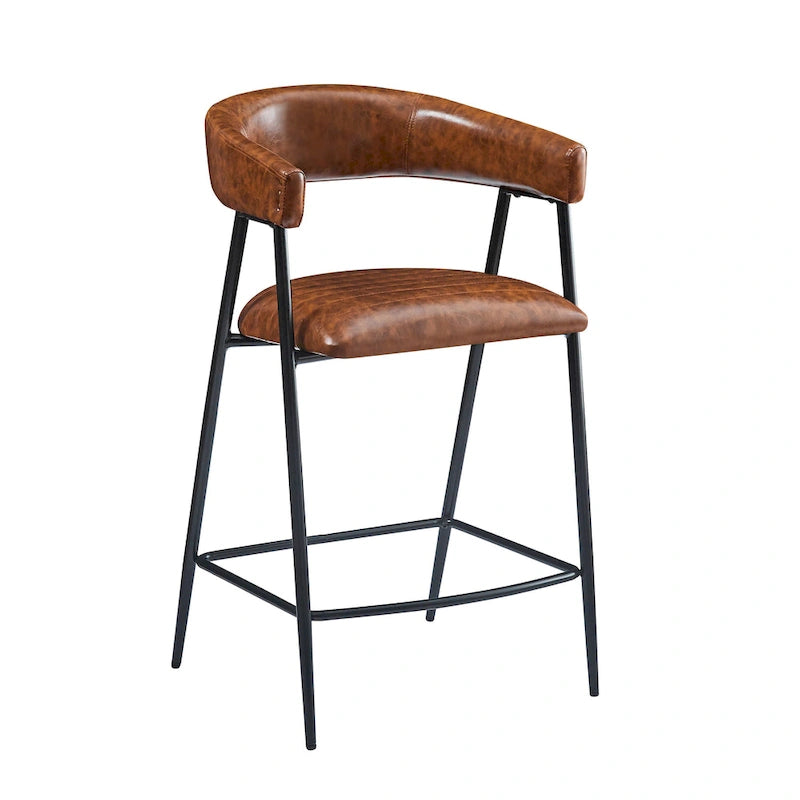 Tabourets de comptoir rembourrés en polyuréthane de 26 po, ensemble de 2 chaises hautes avec cadre en fer, dossier, repose-pieds et accoudoirs, marron