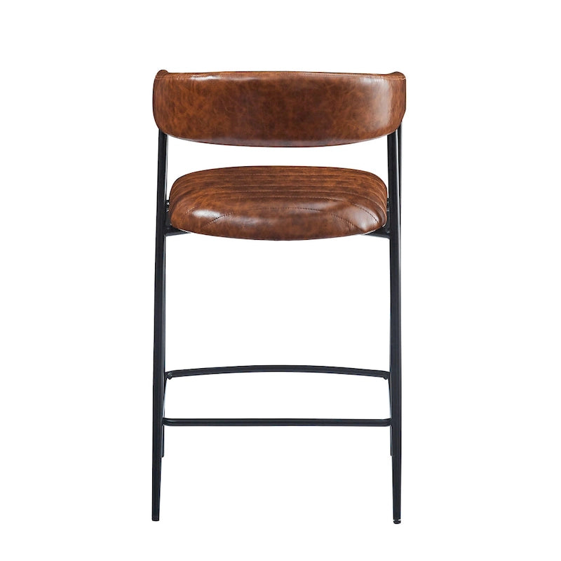 Tabourets de comptoir rembourrés en polyuréthane de 26 po, ensemble de 2 chaises hautes avec cadre en fer, dossier, repose-pieds et accoudoirs, marron