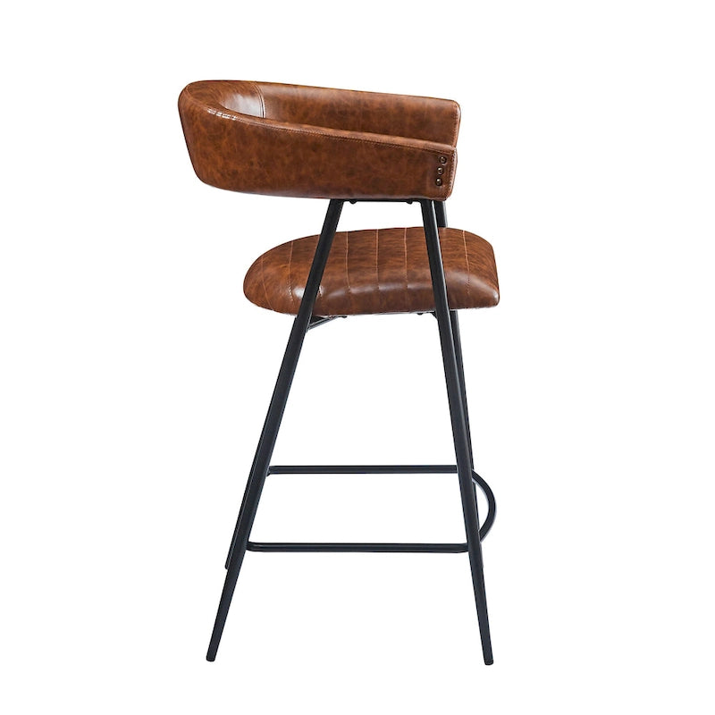 Tabourets de comptoir rembourrés en polyuréthane de 26 po, ensemble de 2 chaises hautes avec cadre en fer, dossier, repose-pieds et accoudoirs, marron