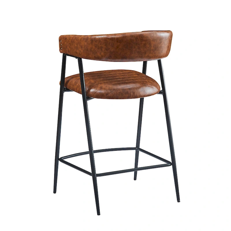Tabourets de comptoir rembourrés en polyuréthane de 26 po, ensemble de 2 chaises hautes avec cadre en fer, dossier, repose-pieds et accoudoirs, marron