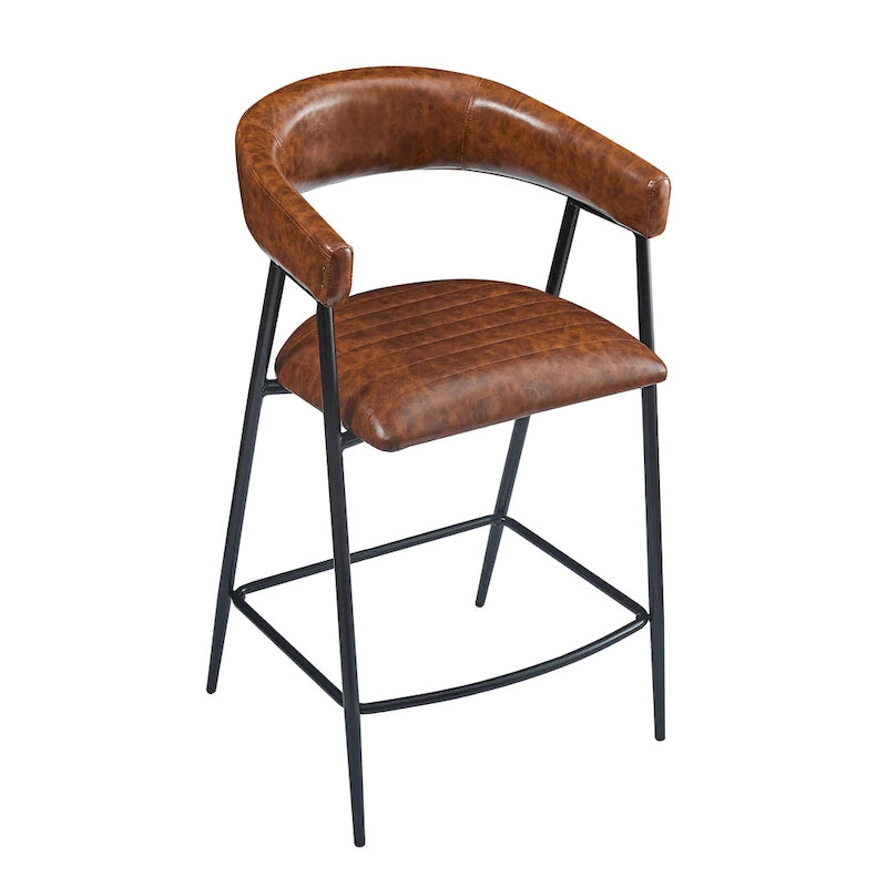 Tabourets de comptoir rembourrés en polyuréthane de 26 po, ensemble de 2 chaises hautes avec cadre en fer, dossier, repose-pieds et accoudoirs, marron