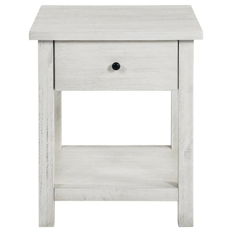 Table d'appoint avec tiroir et étagère inférieure, blanc vieilli, carrée de 50 cm
