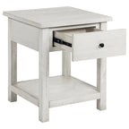 Table d'appoint avec tiroir et étagère inférieure, blanc vieilli, carrée de 50 cm
