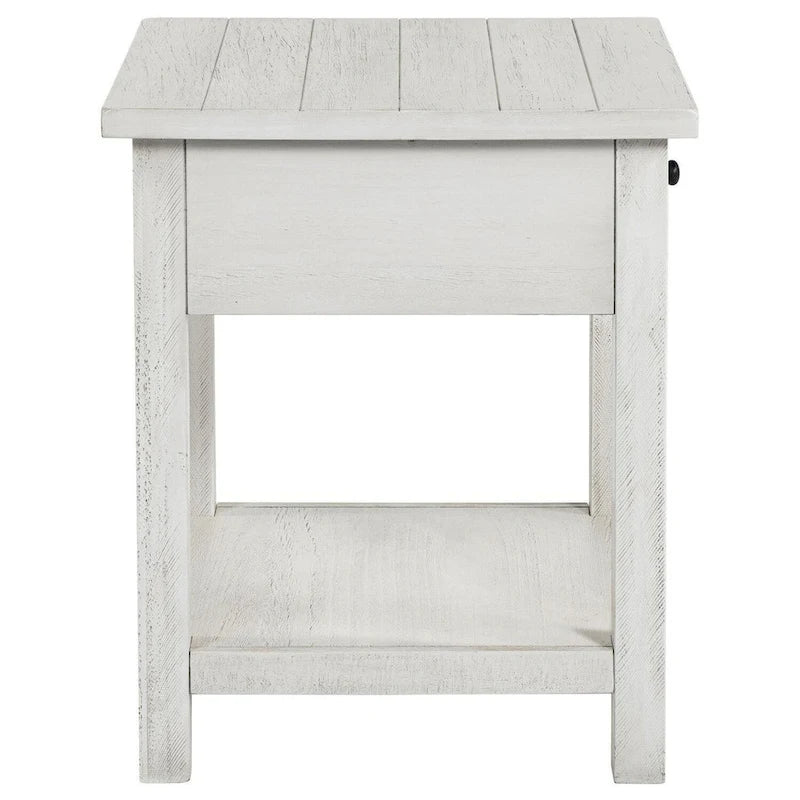 Table d'appoint avec tiroir et étagère inférieure, blanc vieilli, carrée de 50 cm
