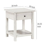 Table d'appoint avec tiroir et étagère inférieure, blanc vieilli, carrée de 50 cm