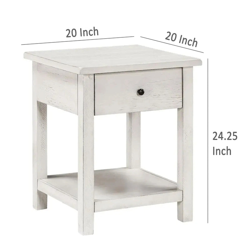 Table d'appoint avec tiroir et étagère inférieure, blanc vieilli, carrée de 50 cm