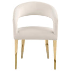 Ensemble de 2 fauteuils de salle à manger, dossier ouvert incurvé, pieds or champagne, tissu blanc