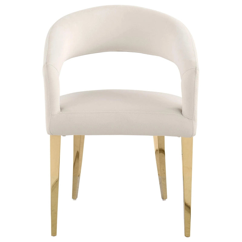 Ensemble de 2 fauteuils de salle à manger, dossier ouvert incurvé, pieds or champagne, tissu blanc