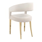 Ensemble de 2 fauteuils de salle à manger, dossier ouvert incurvé, pieds or champagne, tissu blanc