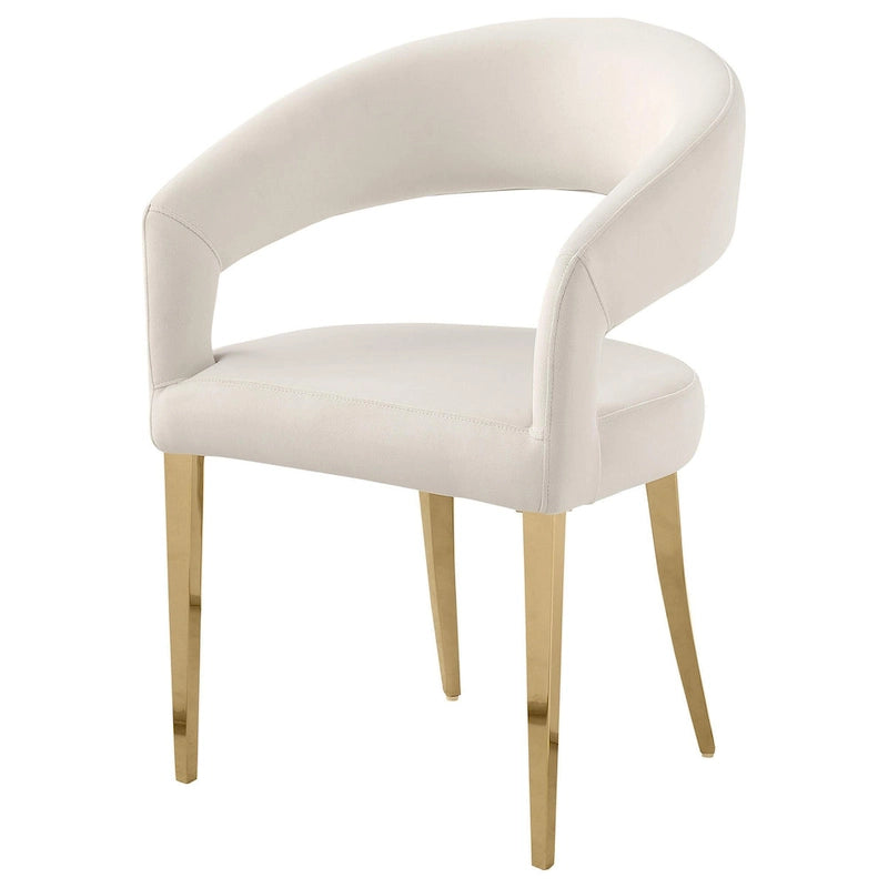 Ensemble de 2 fauteuils de salle à manger, dossier ouvert incurvé, pieds or champagne, tissu blanc
