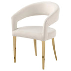 Ensemble de 2 fauteuils de salle à manger, dossier ouvert incurvé, pieds or champagne, tissu blanc