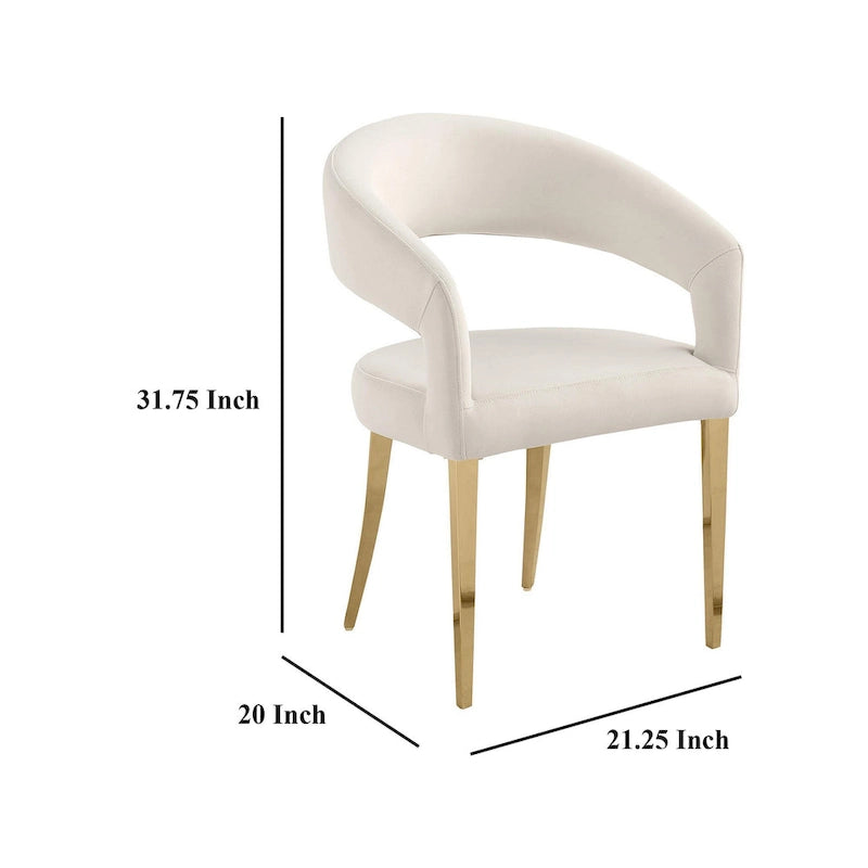 Ensemble de 2 fauteuils de salle à manger, dossier ouvert incurvé, pieds or champagne, tissu blanc
