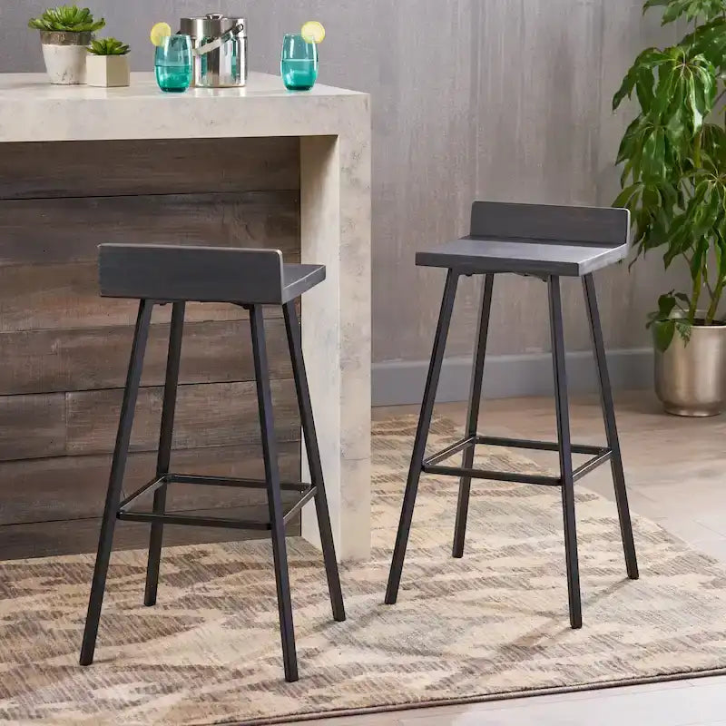 Tabourets de bar en bois d'acacia avec pieds en fer, lot de 2 – Hauteur bar
