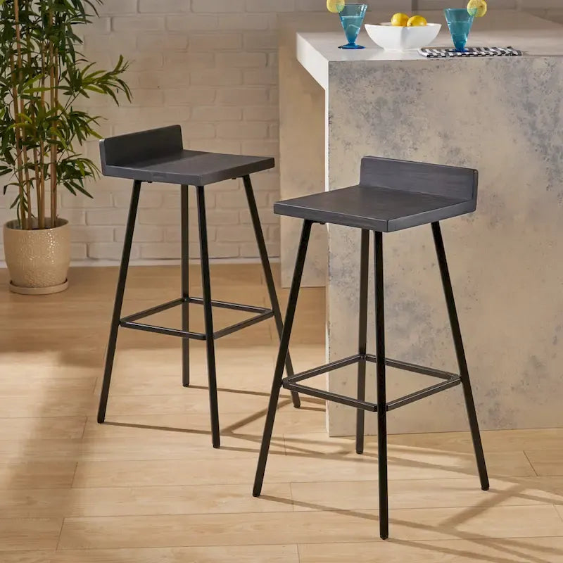 Tabourets de bar en bois d'acacia avec pieds en fer, lot de 2 – Hauteur bar