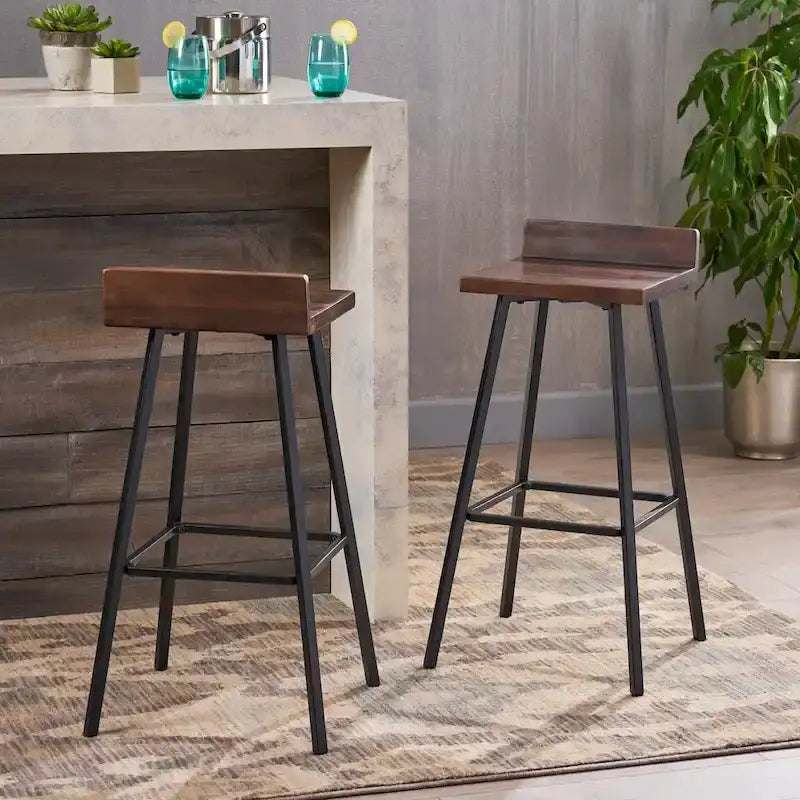 Tabourets de bar en bois d'acacia avec pieds en fer, lot de 2 – Hauteur bar
