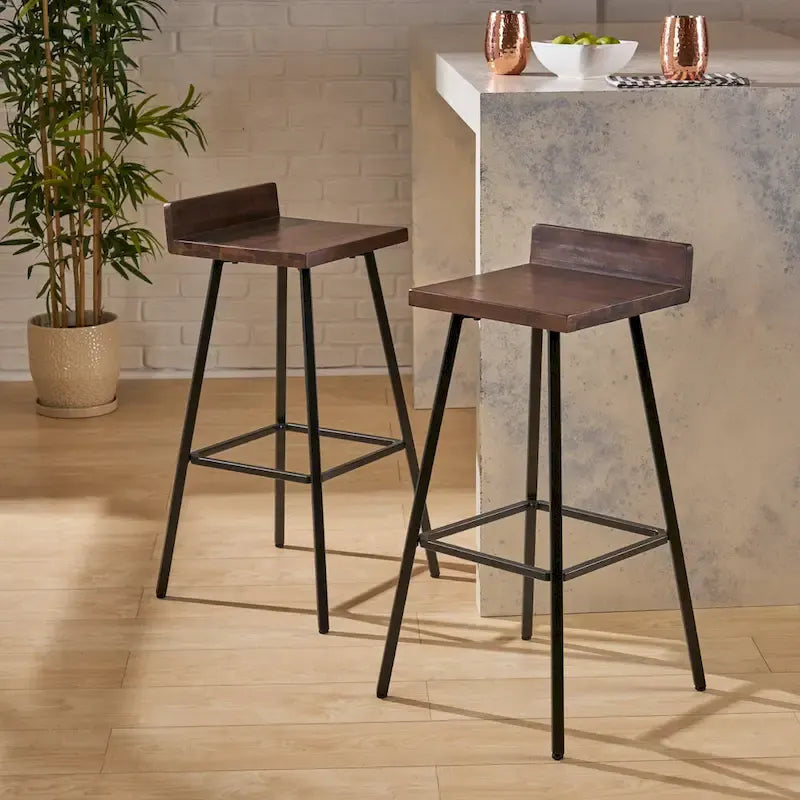 Tabourets de bar en bois d'acacia avec pieds en fer, lot de 2 – Hauteur bar
