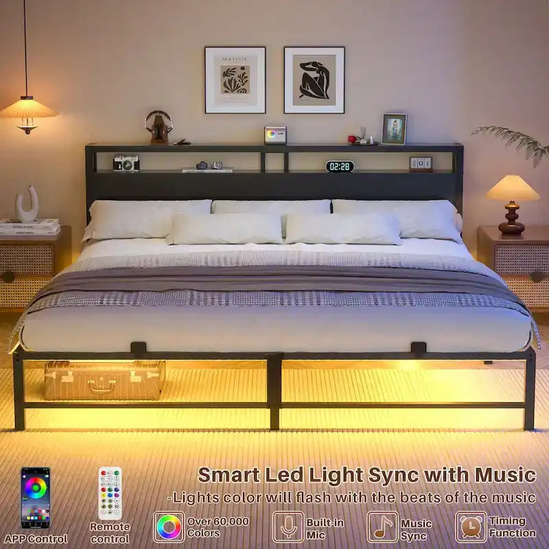 Cadre de lit plateforme en métal avec lumières LED et station de charge