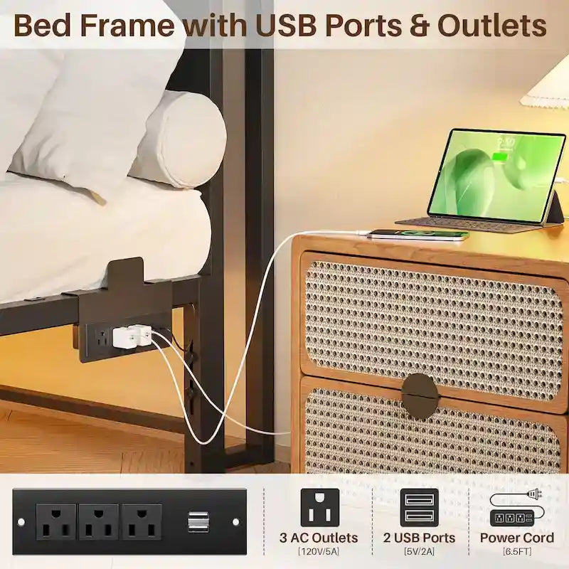 Cadre de lit plateforme en métal avec lumières LED et station de charge