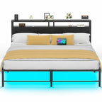 Cadre de lit plateforme en métal avec lumières LED et station de charge