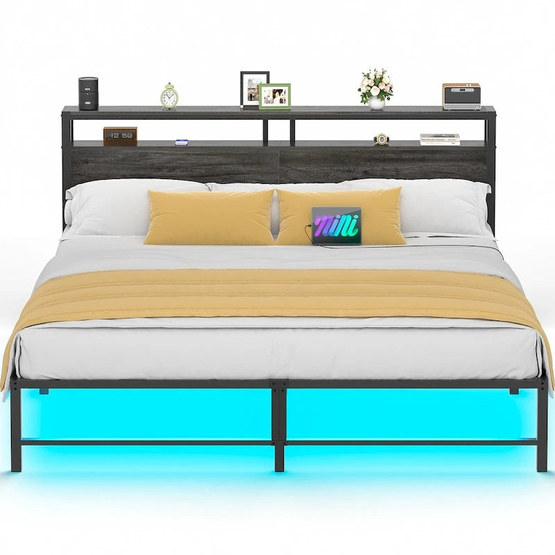 Cadre de lit plateforme en métal avec lumières LED et station de charge