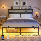 Cadre de lit plateforme en métal avec lumières LED et station de charge