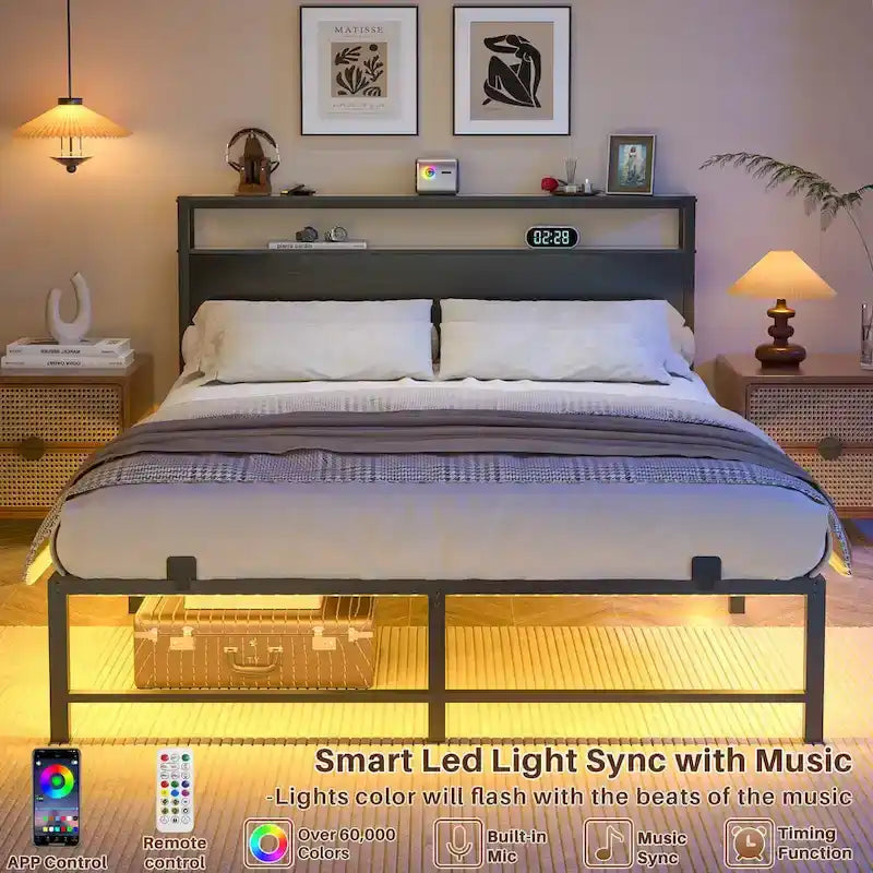 Cadre de lit plateforme en métal avec lumières LED et station de charge