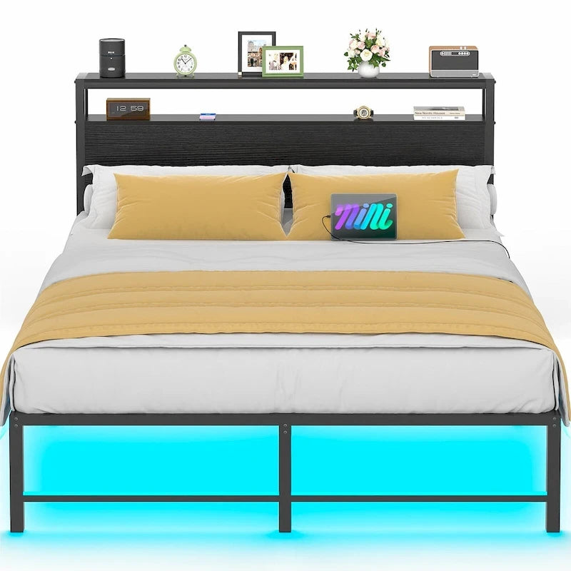 Cadre de lit plateforme en métal avec lumières LED et station de charge
