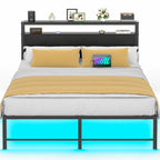 Cadre de lit plateforme en métal avec lumières LED et station de charge