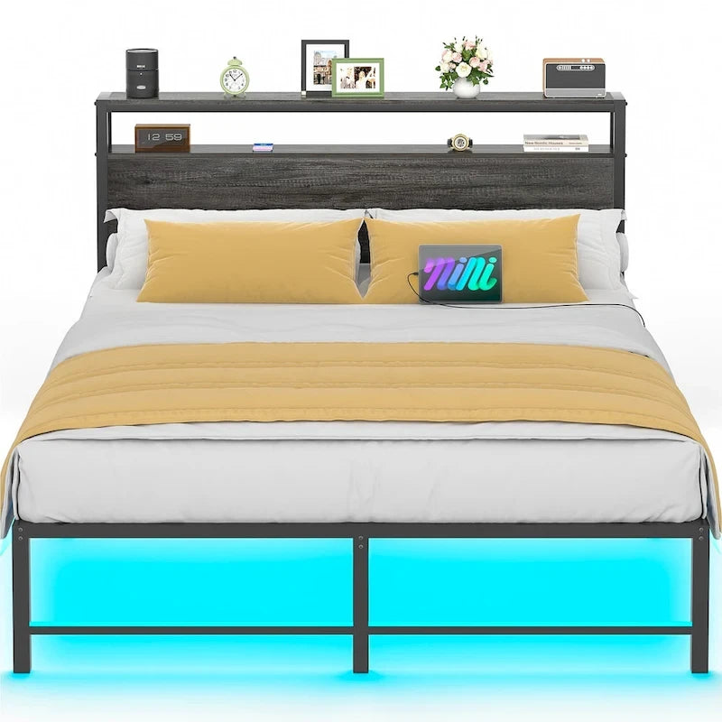 Cadre de lit plateforme en métal avec lumières LED et station de charge