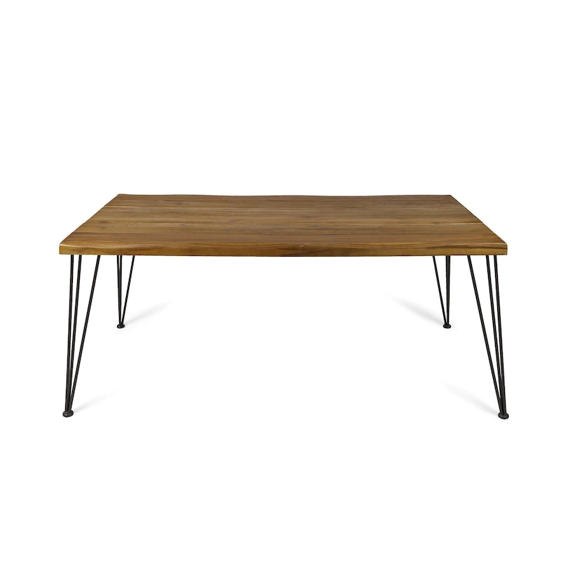 Table à manger en bois d'acacia de 72 po – Fini teck + pieds en métal rustique