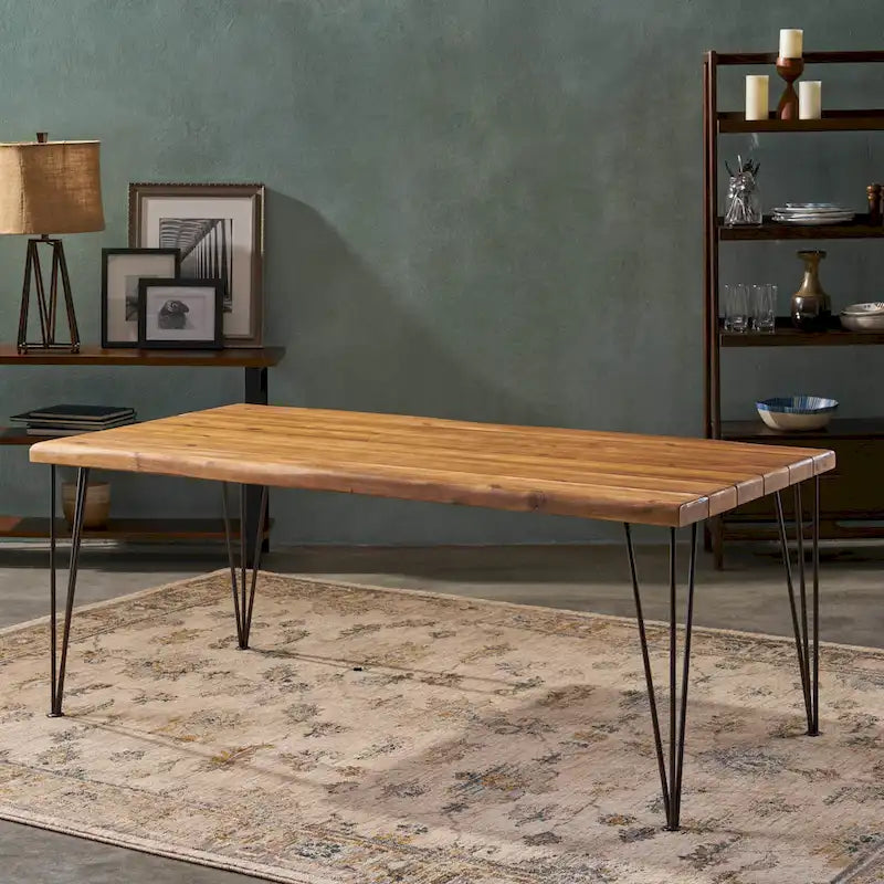 Table à manger en bois d'acacia de 72 po – Fini teck + pieds en métal rustique