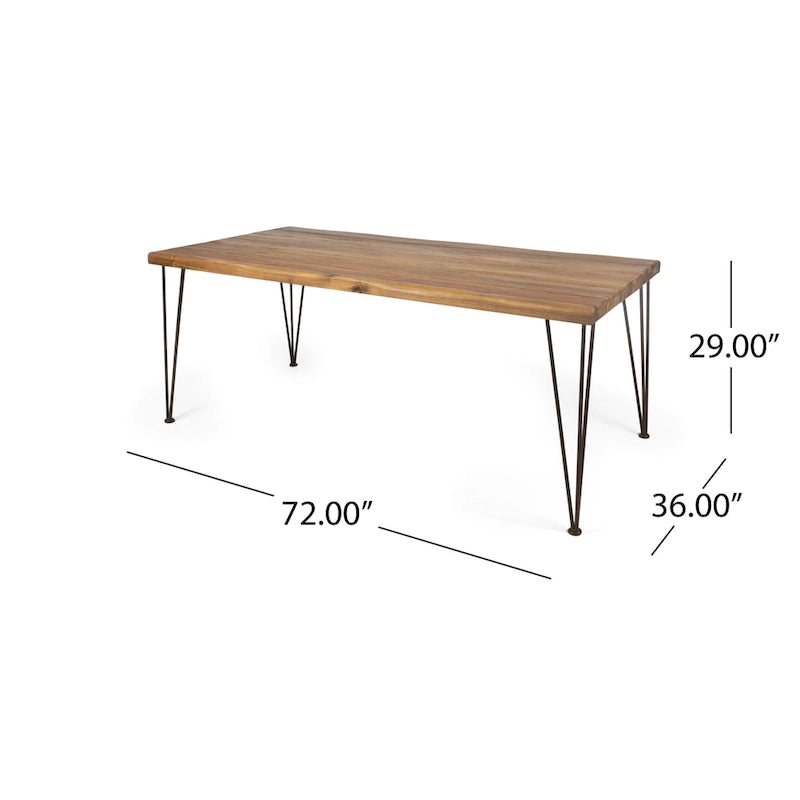 Table à manger en bois d'acacia de 72 po – Fini teck + pieds en métal rustique