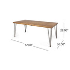 Table à manger en bois d'acacia de 72 po – Fini teck + pieds en métal rustique