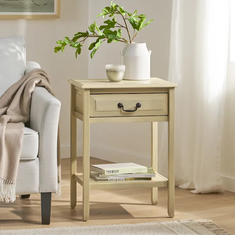 Table d'appoint en bois d'acacia avec tiroir et étagère ouverte