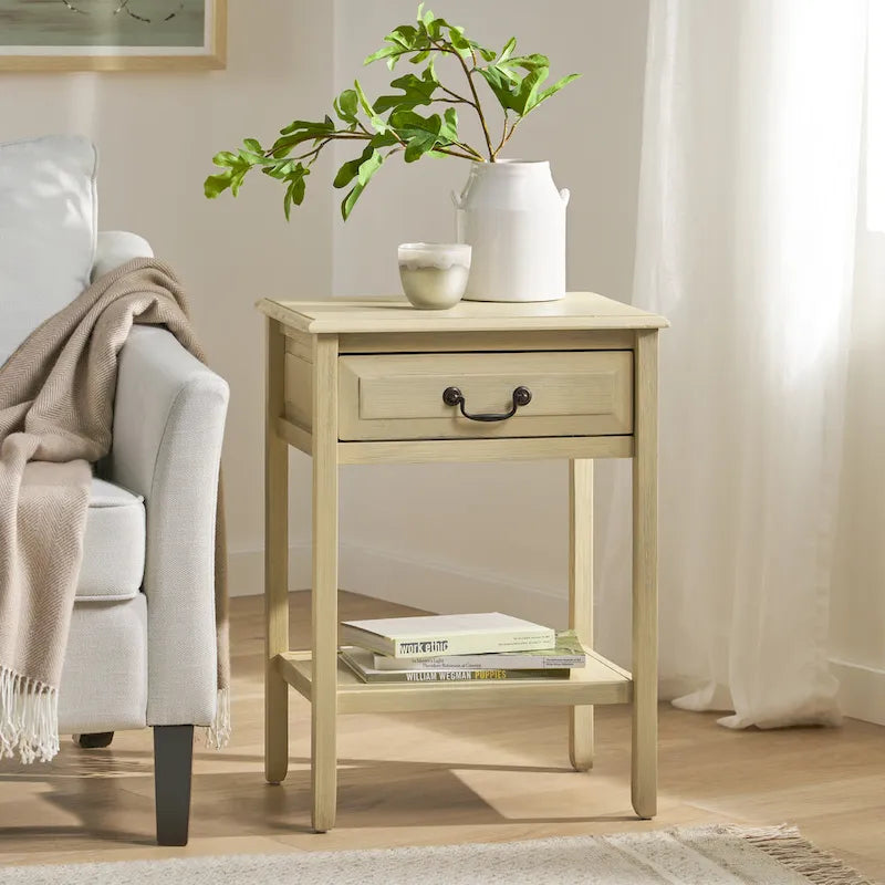 Table d'appoint en bois d'acacia avec tiroir et étagère ouverte