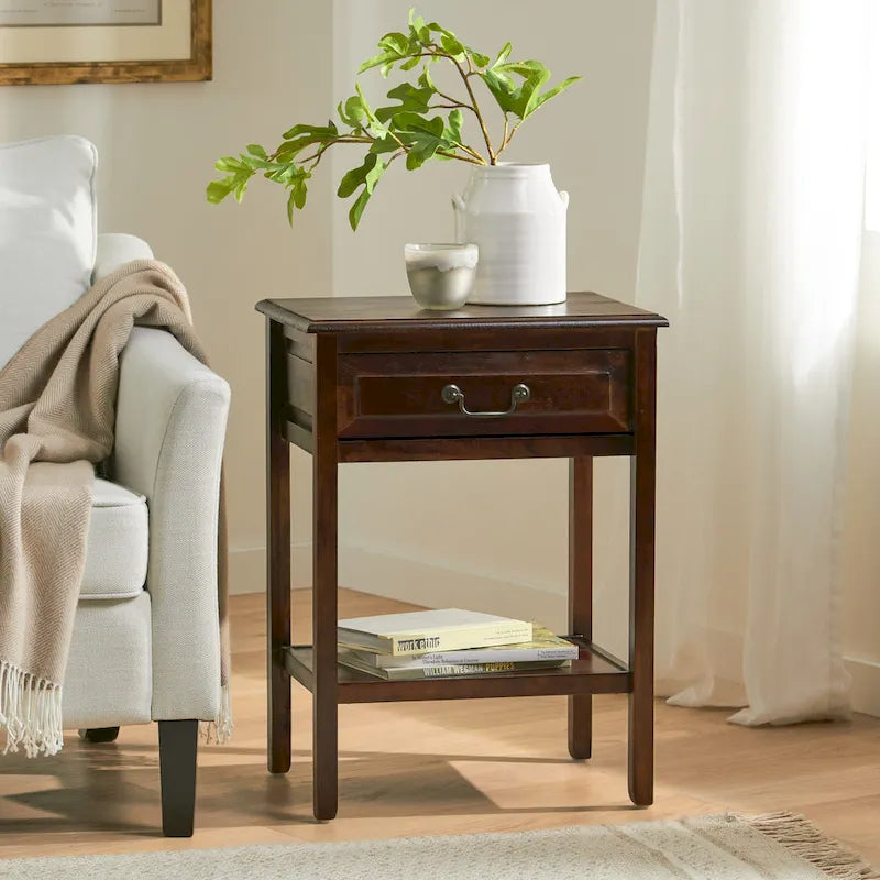 Table d'appoint en bois d'acacia avec tiroir et étagère ouverte