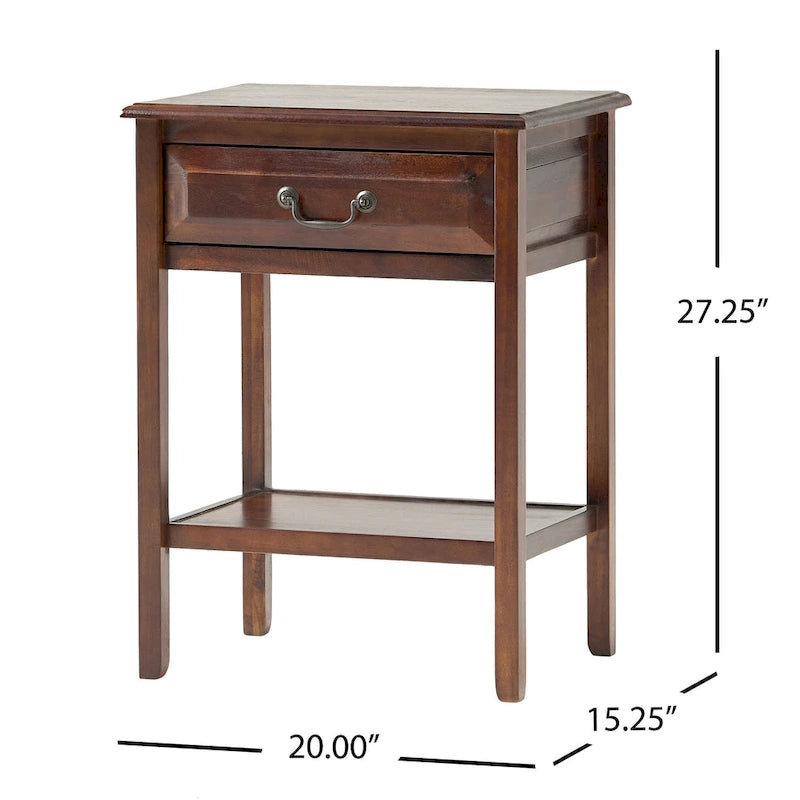 Table d'appoint en bois d'acacia avec tiroir et étagère ouverte