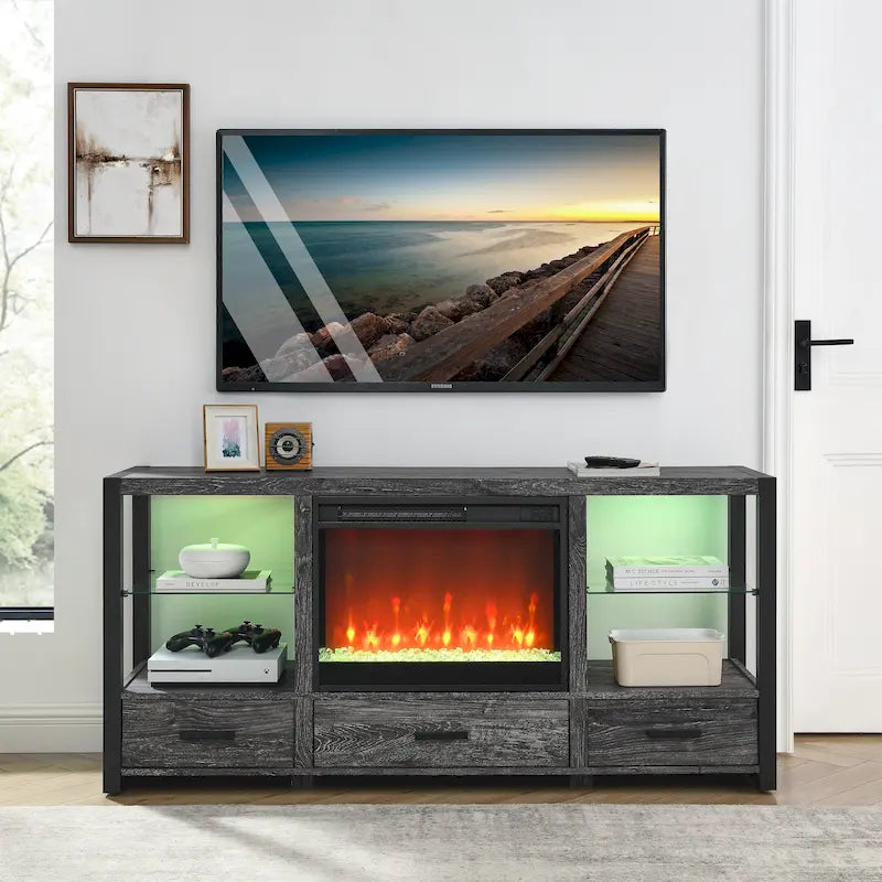 Meuble TV multimédia pour cheminée électrique de 60 pouces avec lumières LED colorées synchronisées - Couleur chêne rustique foncé